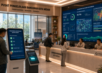 Dashboard interaktif Platform Cepat Izin Bangunan yang menampilkan sistem pemantauan data konstruksi real-time untuk mendukung efisiensi bangunan kota Medan