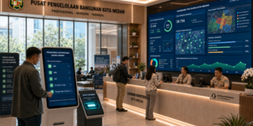 Dashboard interaktif Platform Cepat Izin Bangunan yang menampilkan sistem pemantauan data konstruksi real-time untuk mendukung efisiensi bangunan kota Medan