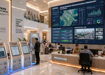 Dashboard interaktif Platform Cepat Izin Hunian yang menampilkan sistem pemantauan data tata-ruang real-time untuk mendukung efisiensi perumahan kota Medan