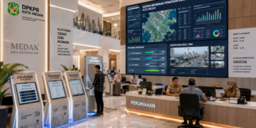Dashboard interaktif Platform Cepat Izin Hunian yang menampilkan sistem pemantauan data tata-ruang real-time untuk mendukung efisiensi perumahan kota Medan