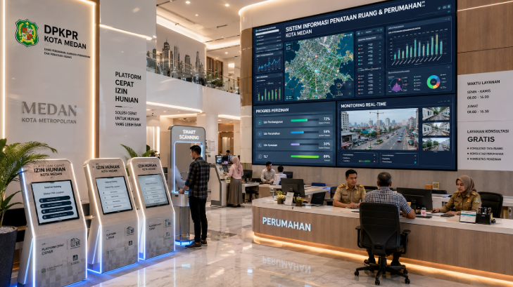 Dashboard interaktif Platform Cepat Izin Hunian yang menampilkan sistem pemantauan data tata-ruang real-time untuk mendukung efisiensi perumahan kota Medan