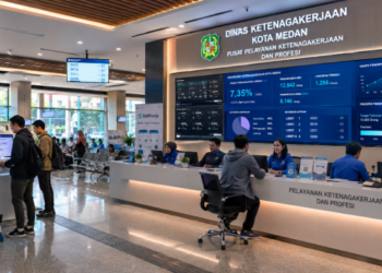 Dashboard interaktif Platform Cepat Izin Kerja yang menampilkan sistem pemantauan data profesi real-time untuk mendukung efisiensi ketenagakerjaan kota Medan.