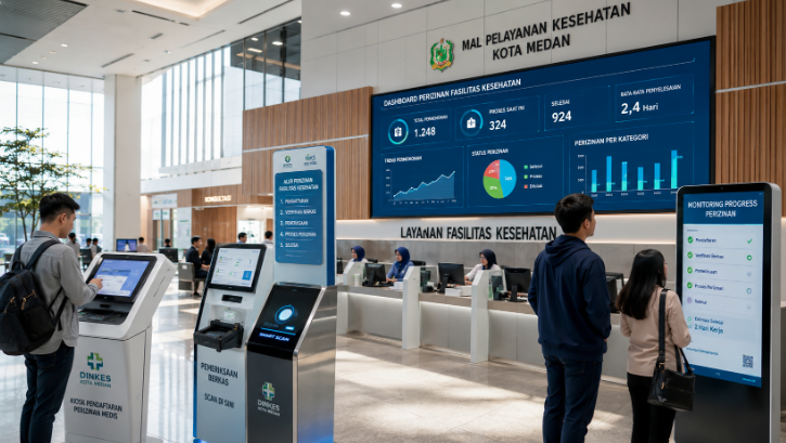 Dashboard interaktif Platform Cepat Izin Medis yang menampilkan sistem pemantauan data klinis real-time untuk mendukung efisiensi kesehatan kota Medan