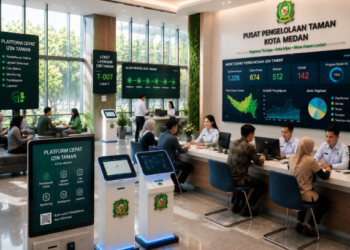 Dashboard interaktif Platform Cepat Izin Taman yang menampilkan sistem pemantauan data penghijauan real-time untuk mendukung efisiensi taman kota Medan