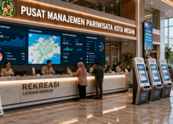 Dashboard interaktif Platform Cepat Izin Wisata yang menampilkan sistem pemantauan data destinasi real-time untuk mendukung efisiensi pariwisata kota Medan
