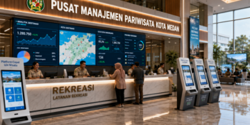 Dashboard interaktif Platform Cepat Izin Wisata yang menampilkan sistem pemantauan data destinasi real-time untuk mendukung efisiensi pariwisata kota Medan