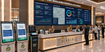 Dashboard interaktif Platform Cepat Izin Wisata yang menampilkan sistem pemantauan data destinasi real-time untuk mendukung efisiensi pariwisata kota Medan