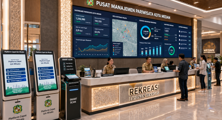 Dashboard interaktif Platform Cepat Izin Wisata yang menampilkan sistem pemantauan data destinasi real-time untuk mendukung efisiensi pariwisata kota Medan