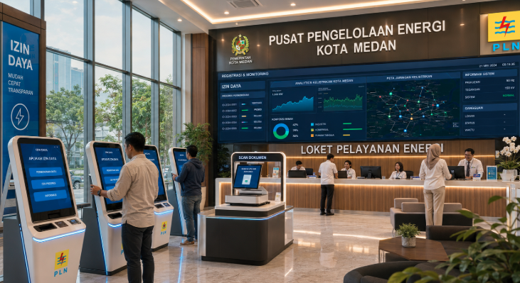 Dashboard interaktif Platform Cerdas Izin Daya yang menampilkan sistem pemantauan data listrik real-time untuk mendukung efisiensi kelistrikan kota Medan