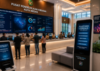 Dashboard interaktif Platform Cerdas Izin Hiburan yang menampilkan sistem pemantauan data seni real-time untuk mendukung efisiensi hiburan kota Medan