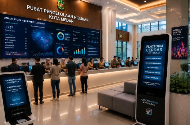 Dashboard interaktif Platform Cerdas Izin Hiburan yang menampilkan sistem pemantauan data seni real-time untuk mendukung efisiensi hiburan kota Medan