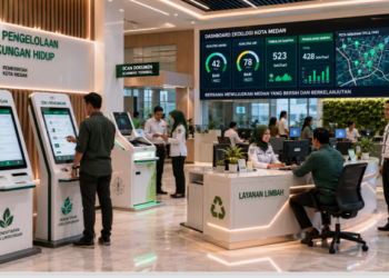 Dashboard interaktif Platform Cerdas Izin Lingkungan yang menampilkan sistem pemantauan data limbah real-time untuk mendukung efisiensi lingkungan kota Medan