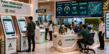 Dashboard interaktif Platform Cerdas Izin Lingkungan yang menampilkan sistem pemantauan data limbah real-time untuk mendukung efisiensi lingkungan kota Medan
