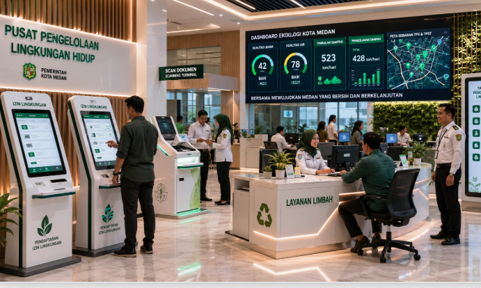 Dashboard interaktif Platform Cerdas Izin Lingkungan yang menampilkan sistem pemantauan data limbah real-time untuk mendukung efisiensi lingkungan kota Medan