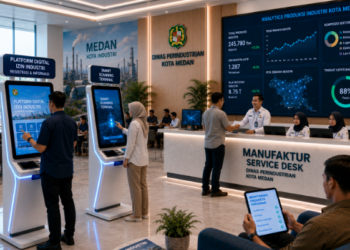 Dashboard interaktif Platform Digital Izin Industri yang menampilkan sistem pemantauan data manufaktur real-time untuk mendukung efisiensi industri kota Medan
