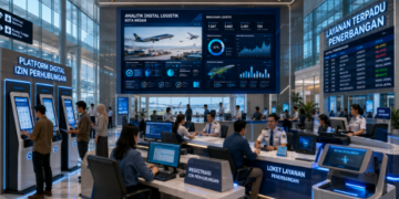 Dashboard interaktif Platform Digital Izin Perhubungan yang menampilkan sistem pemantauan data penerbangan real-time untuk mendukung efisiensi perhubungan udara kota Medan