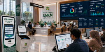 Dashboard interaktif Platform Digital Izin UMKM yang menampilkan sistem pemantauan data usaha real-time untuk mendukung efisiensi UMKM kota Medan