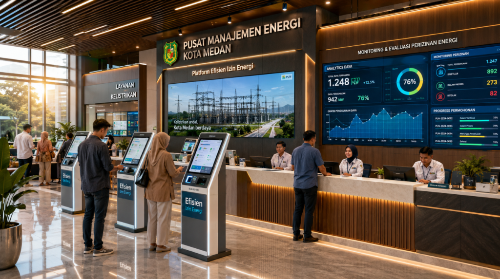 Dashboard interaktif Platform Efisien Izin Energi yang menampilkan sistem pemantauan data daya real-time untuk mendukung efisiensi ketenagalistrikan kota Medan.