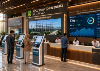 Dashboard interaktif Platform Efisien Izin Energi yang menampilkan sistem pemantauan data daya real-time untuk mendukung efisiensi ketenagalistrikan kota Medan.