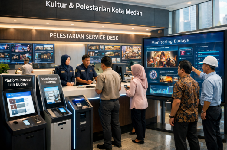 Dashboard interaktif Platform Inovasi Izin Budaya yang menampilkan sistem pemantauan data seni real-time untuk mendukung efisiensi kebudayaan kota Medan