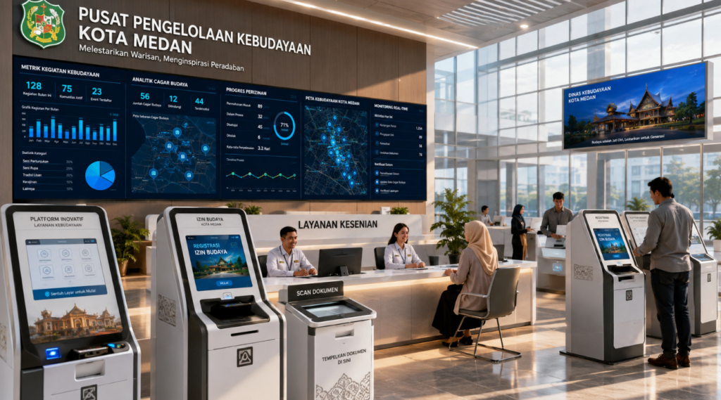 Dashboard interaktif Platform Inovatif Izin Budaya yang menampilkan sistem pemantauan data cagar real-time untuk mendukung efisiensi kebudayaan kota Medan.