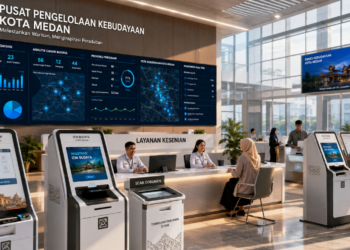 Dashboard interaktif Platform Inovatif Izin Budaya yang menampilkan sistem pemantauan data cagar real-time untuk mendukung efisiensi kebudayaan kota Medan.