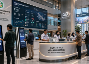 Dashboard interaktif Platform Izin Industri Medan yang menampilkan sistem pemantauan data manufaktur real-time untuk mendukung efisiensi industri kota Medan