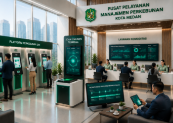 Dashboard interaktif Platform Izin Perkebunan Medan yang menampilkan sistem pemantauan data komoditas real-time untuk mendukung efisiensi perkebunan kota Medan