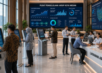 Dashboard interaktif Platform Lacak Izin Dokumen yang menampilkan sistem pemantauan data rekam real-time untuk mendukung efisiensi kearsipan kota Medan.