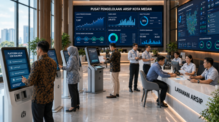 Dashboard interaktif Platform Lacak Izin Dokumen yang menampilkan sistem pemantauan data rekam real-time untuk mendukung efisiensi kearsipan kota Medan.