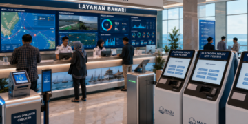 Dashboard interaktif Platform Maju Izin Pesisir yang menampilkan sistem pemantauan data navigasi real-time untuk mendukung efisiensi kelautan kota Medan