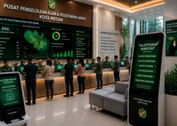 Dashboard interaktif Platform Mantap Izin Alam yang menampilkan sistem pemantauan data hayati real-time untuk mendukung efisiensi lingkungan kota Medan