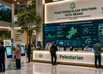 Dashboard interaktif Platform Mantap Izin Hutan yang menampilkan sistem pemantauan data penghijauan real-time untuk mendukung efisiensi kehutanan kota Medan