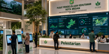 Dashboard interaktif Platform Mantap Izin Hutan yang menampilkan sistem pemantauan data penghijauan real-time untuk mendukung efisiensi kehutanan kota Medan