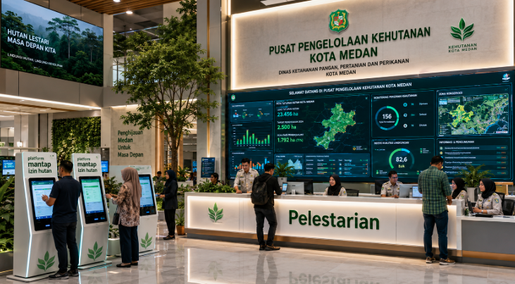 Dashboard interaktif Platform Mantap Izin Hutan yang menampilkan sistem pemantauan data penghijauan real-time untuk mendukung efisiensi kehutanan kota Medan