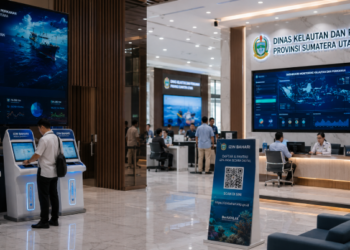 Dashboard interaktif Platform Modern Izin Bahari yang menampilkan sistem pemantauan data kelautan real-time untuk mendukung efisiensi perikanan kota Medan