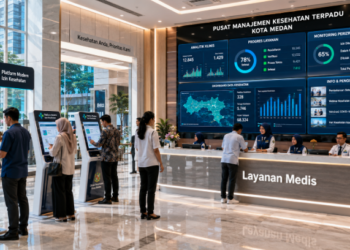 Dashboard interaktif Platform Modern Izin Kesehatan yang menampilkan sistem pemantauan data klinik real-time untuk mendukung efisiensi kesehatan kota Medan.