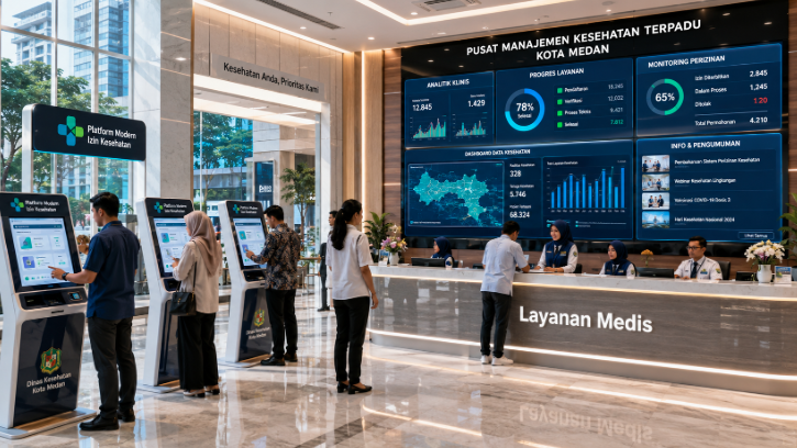 Dashboard interaktif Platform Modern Izin Kesehatan yang menampilkan sistem pemantauan data klinik real-time untuk mendukung efisiensi kesehatan kota Medan.