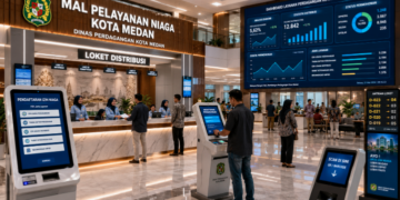 Dashboard interaktif Platform Modern Izin Niaga yang menampilkan sistem pemantauan data ekonomi real-time untuk mendukung efisiensi perdagangan kota Medan