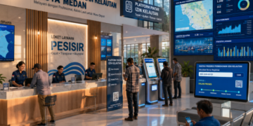 Dashboard interaktif Platform Pintar Izin Kelautan yang menampilkan sistem pemantauan data pesisir real-time untuk mendukung efisiensi kelautan kota Medan