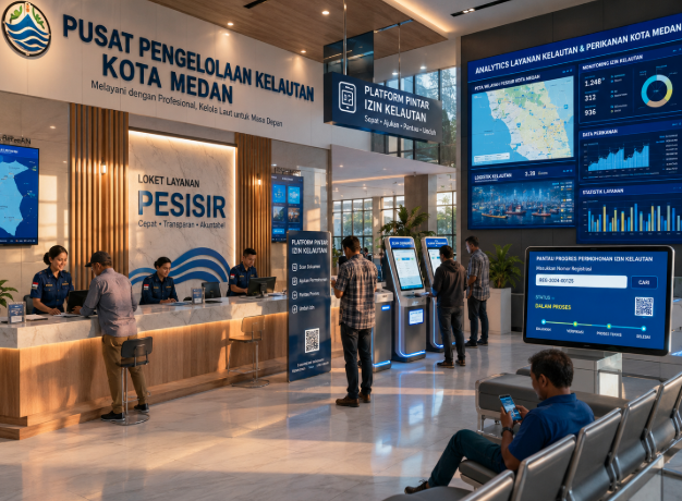 Dashboard interaktif Platform Pintar Izin Kelautan yang menampilkan sistem pemantauan data pesisir real-time untuk mendukung efisiensi kelautan kota Medan