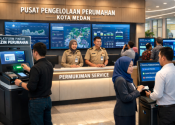 Dashboard interaktif Platform Pintar Izin Perumahan yang menampilkan sistem pemantauan data permukiman real-time untuk mendukung efisiensi perumahan kota Medan