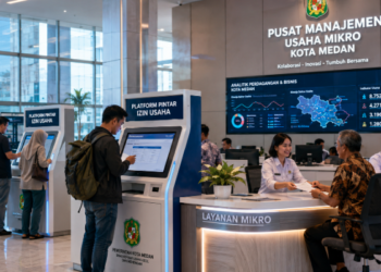 Dashboard interaktif Platform Pintar Izin Usaha yang menampilkan sistem pemantauan data dagang real-time untuk mendukung efisiensi UMKM kota Medan.