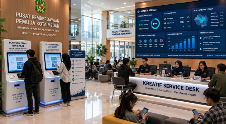Dashboard interaktif Platform Prima Izin Bakat yang menampilkan sistem pemantauan data pemuda real-time untuk mendukung efisiensi kepemudaan kota Medan