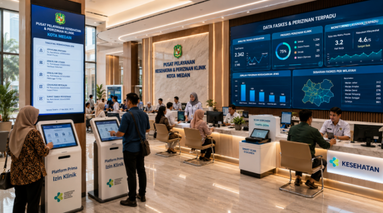 Dashboard interaktif Platform Prima Izin Klinik yang menampilkan sistem pemantauan data faskes real-time untuk mendukung efisiensi kesehatan kota Medan