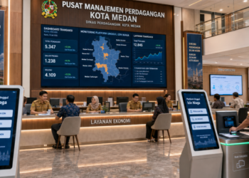 Dashboard interaktif Platform Unggul Izin Niaga yang menampilkan sistem pemantauan data transaksi real-time untuk mendukung efisiensi perdagangan kota Medan