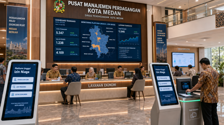 Dashboard interaktif Platform Unggul Izin Niaga yang menampilkan sistem pemantauan data transaksi real-time untuk mendukung efisiensi perdagangan kota Medan