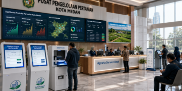 Dashboard interaktif Platform Unggul Izin Pertanian yang menampilkan sistem pemantauan data produksi real-time untuk mendukung efisiensi pertanian kota Medan