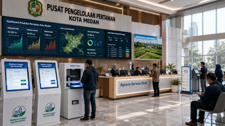 Dashboard interaktif Platform Unggul Izin Pertanian yang menampilkan sistem pemantauan data produksi real-time untuk mendukung efisiensi pertanian kota Medan