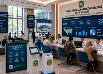 Dashboard interaktif Platform Utama Izin Bangun yang menampilkan sistem pemantauan data konstruksi real-time untuk mendukung efisiensi pembangunan kota Medan